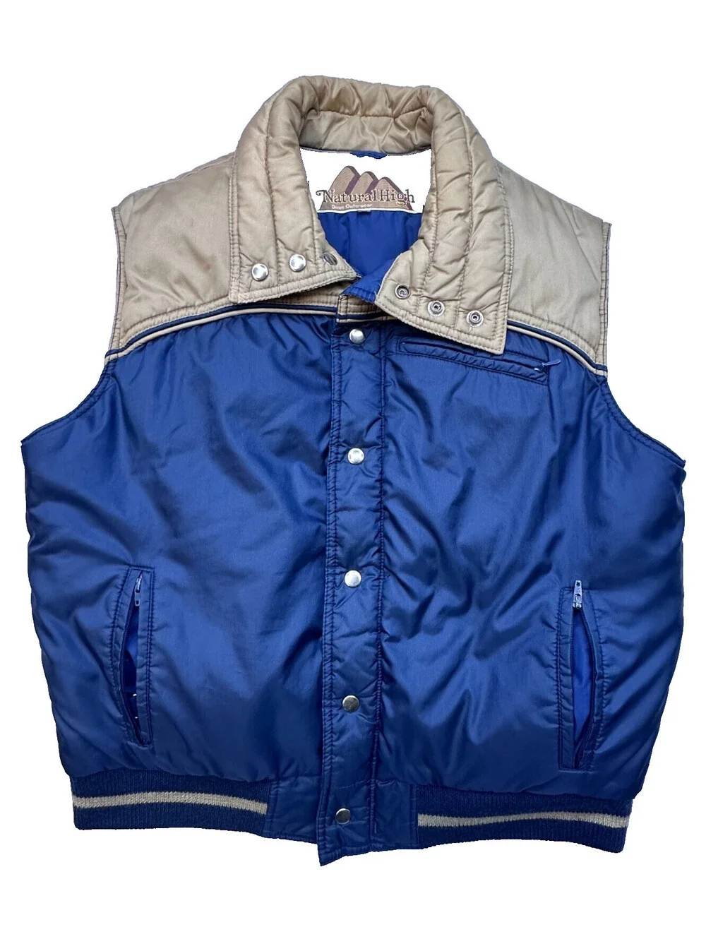 Vintage Natural High Down Puffer Vest Mens L Navy Tan 80s Western Ski Outdoor